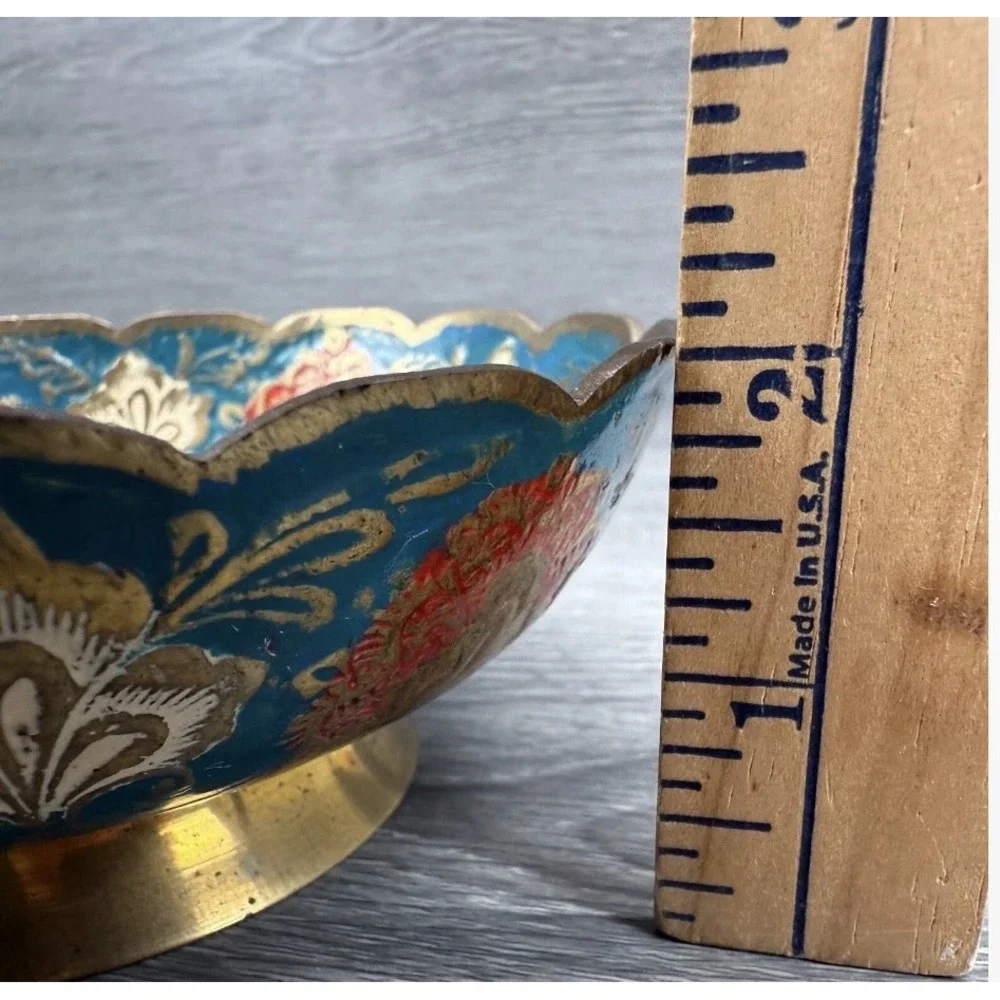 Vtg Brass‎ or Plated Bowl Trinket Dish w/ Peacock Floral Design India Scalloped